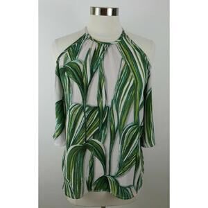 Japna Womens Sheer Open Shoulder Green Floral Leaves Blouse Medium